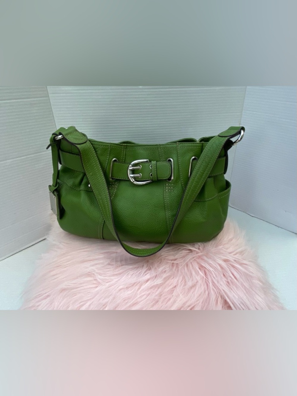 Tignanello Vibrant Green Pebbled Leather Shoulder Bag with Buckle 💚